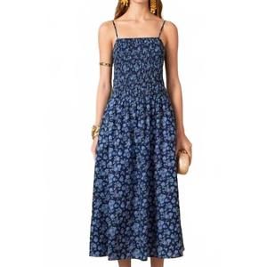 NEW ENGLISH FACTORY floral print socked midi dress in navy multi
